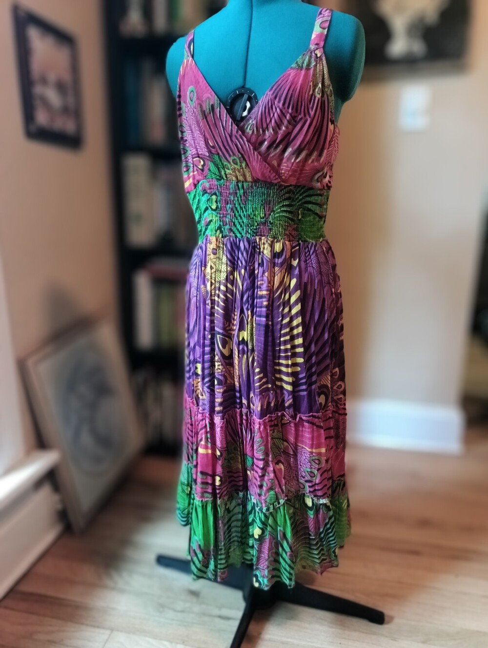 Y2K Studio West Bohemian Tiered V-Neck Sleeveless Dress in Purple, Pink & Green